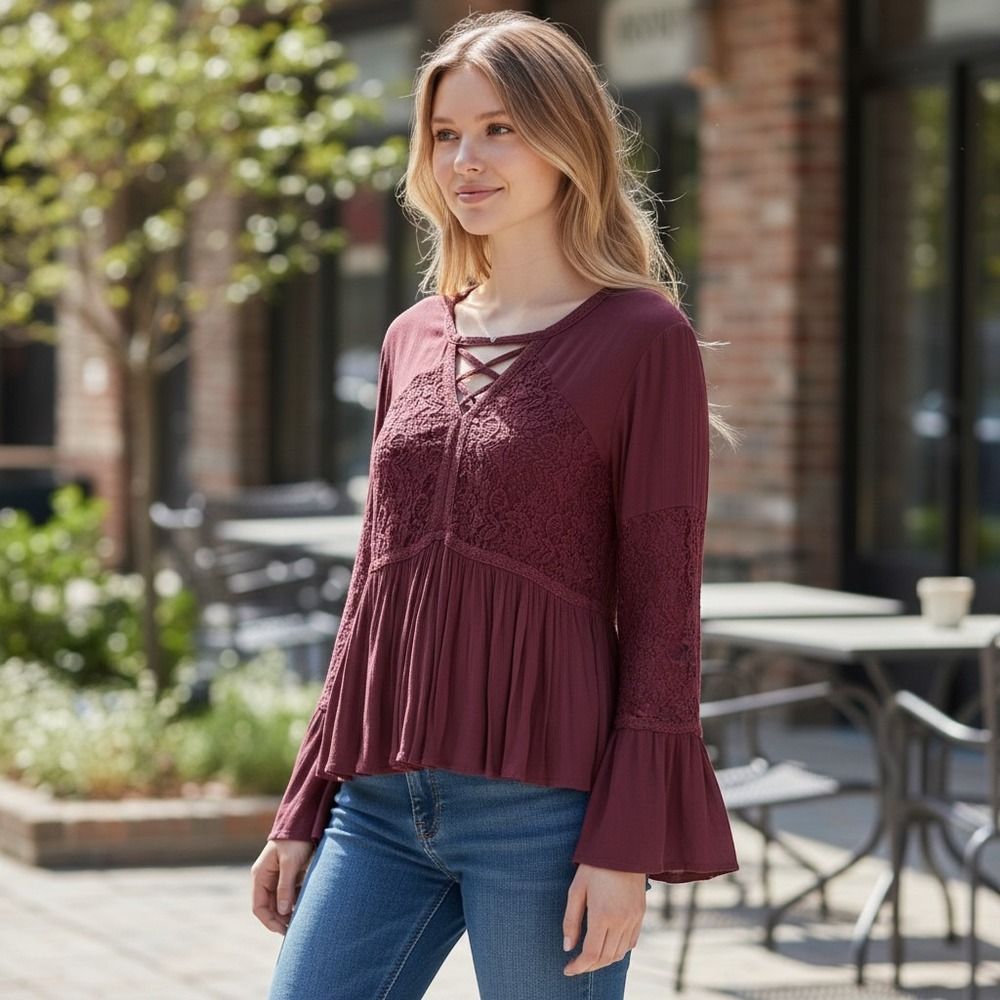American Eagle Burgundy Lace Peplumβ Top Long Bell Sleeve Boho Blouse Small